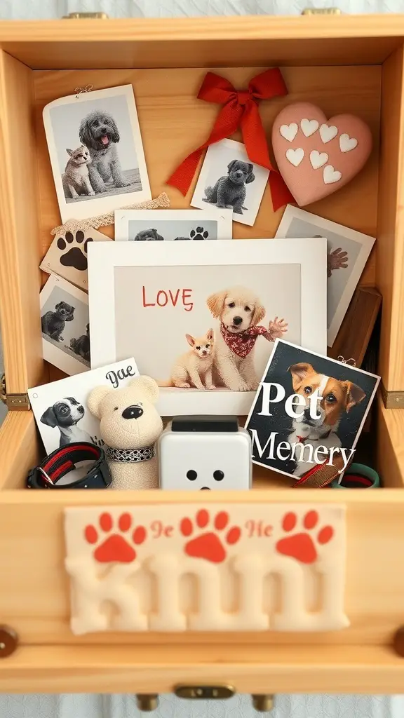 23+ Unique Memory Box Ideas s 15 A wooden memory box filled with pet photos, toys, and keepsakes.