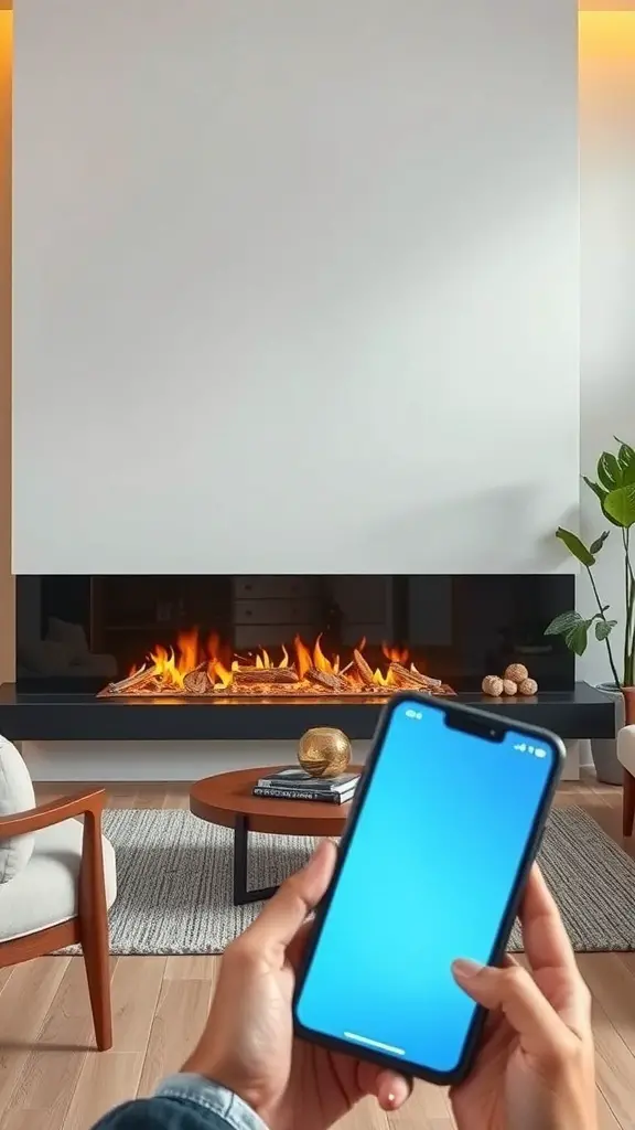 23+ Modern Fireplace Ideas to Elevate Your Home Decor 13 A modern fireplace with smart technology, showing flames and a person holding a smartphone.