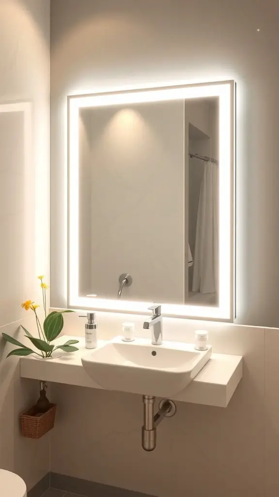 25+ Creative Bathroom Mirror Ideas to Elevate Your Space 9 A modern bathroom featuring a backlit mirror with soft illumination, a sink, and a small plant.