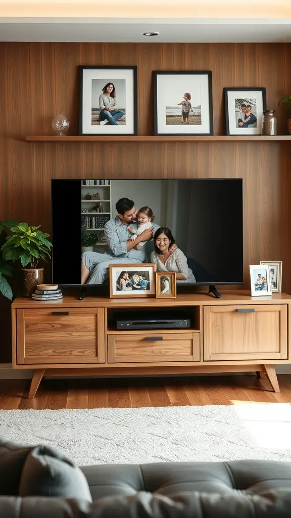 A living room with a TV stand displaying framed family photos and a plant.
