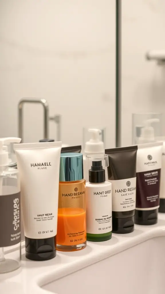 A collection of luxurious hand creams displayed on a bathroom counter.