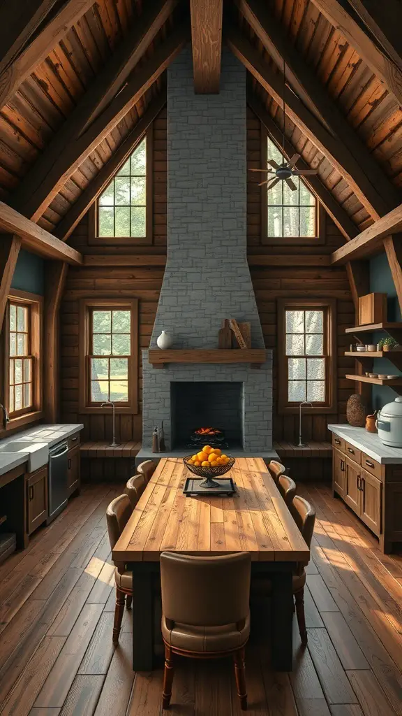 25+ Creative Minecraft Kitchen Designs You’ll Love 6 A rustic farmhouse kitchen featuring wooden beams, a stone fireplace, and a large wooden dining table.