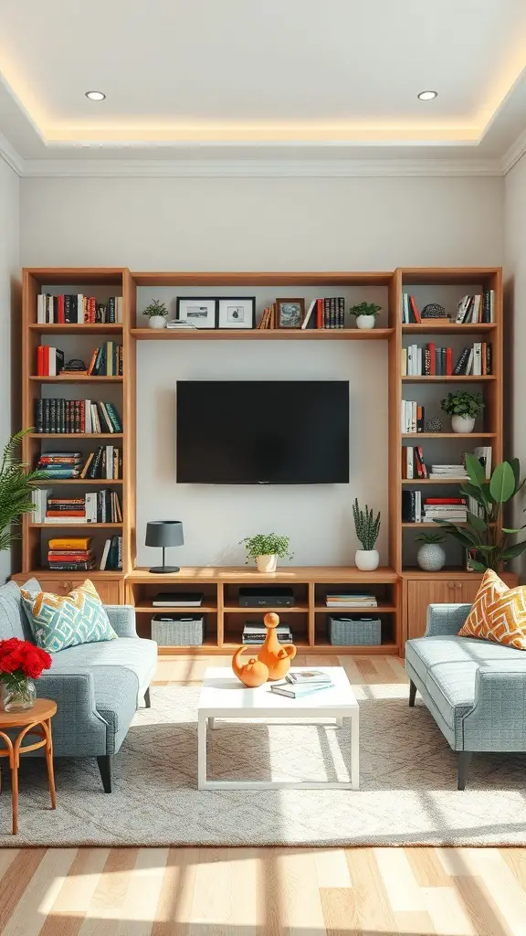 A cozy living room with open shelving around a TV, featuring books, plants, and decorative items.