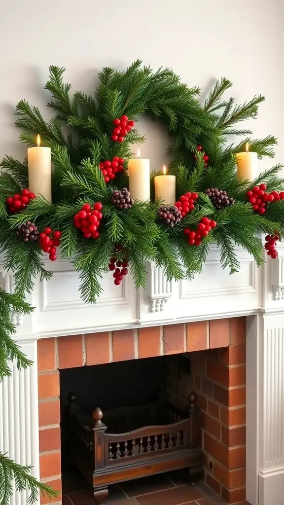 A decorative swag made of evergreen branches and red berries, with candles, placed above a fireplace.