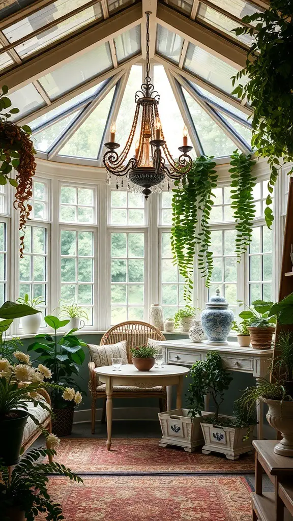 29+ Charming Vintage Sunroom Ideas for a Timeless Retreat 5 A vintage chandelier hanging in a sunroom surrounded by plants and natural light.