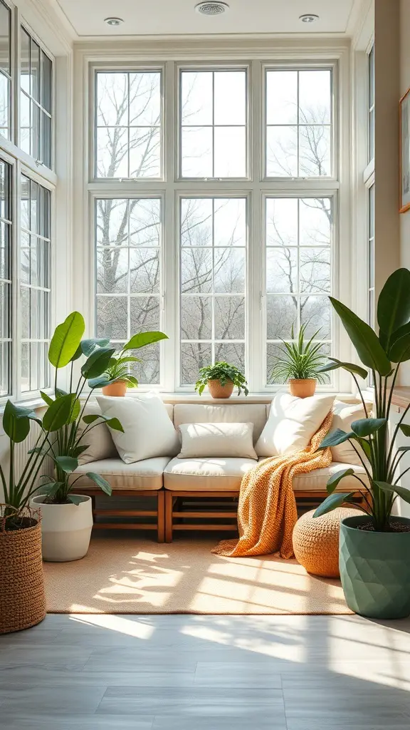 Cozy sunroom with large windows, a comfortable couch, and various plants.