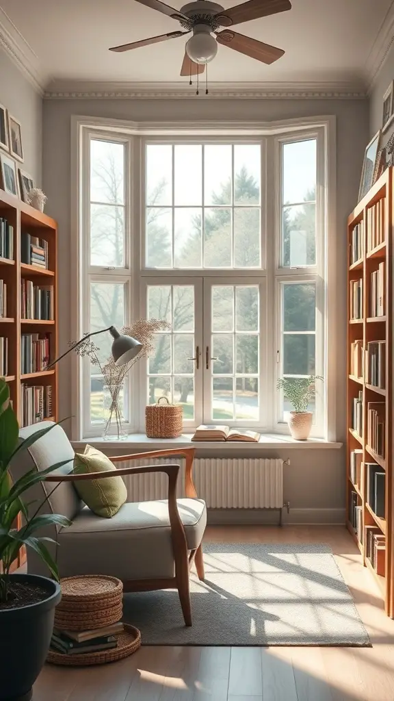 27+ Charming Small Sunroom Ideas to Brighten Your Home 5 Cozy reading nook with large windows, a comfortable chair, bookshelves, and plants.