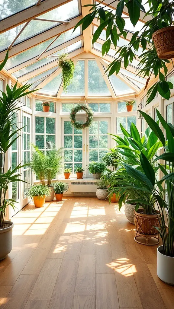 Bright sunroom with bamboo flooring and various indoor plants