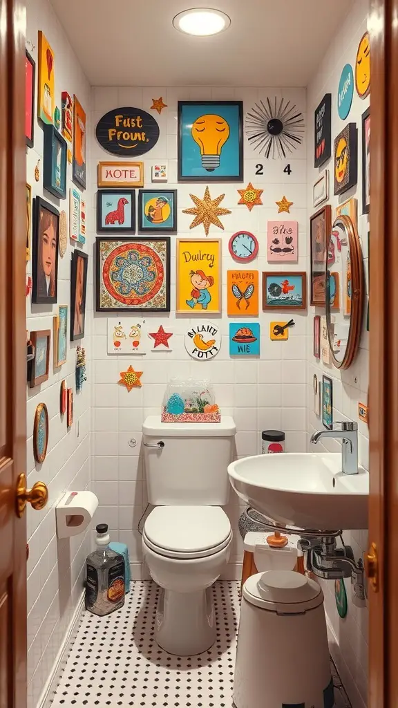 A small bathroom with colorful and quirky wall art, featuring various frames and designs.