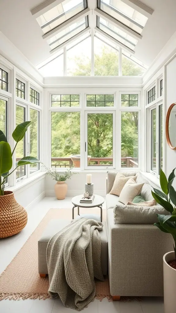 A bright and airy minimalist sunroom with large windows, a cozy sofa, and potted plants.