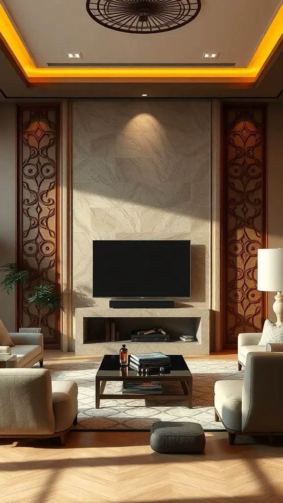 25+ Creative TV Wall Paneling Ideas for a Stylish Living Room 2 Living room with stone wall paneling and a TV