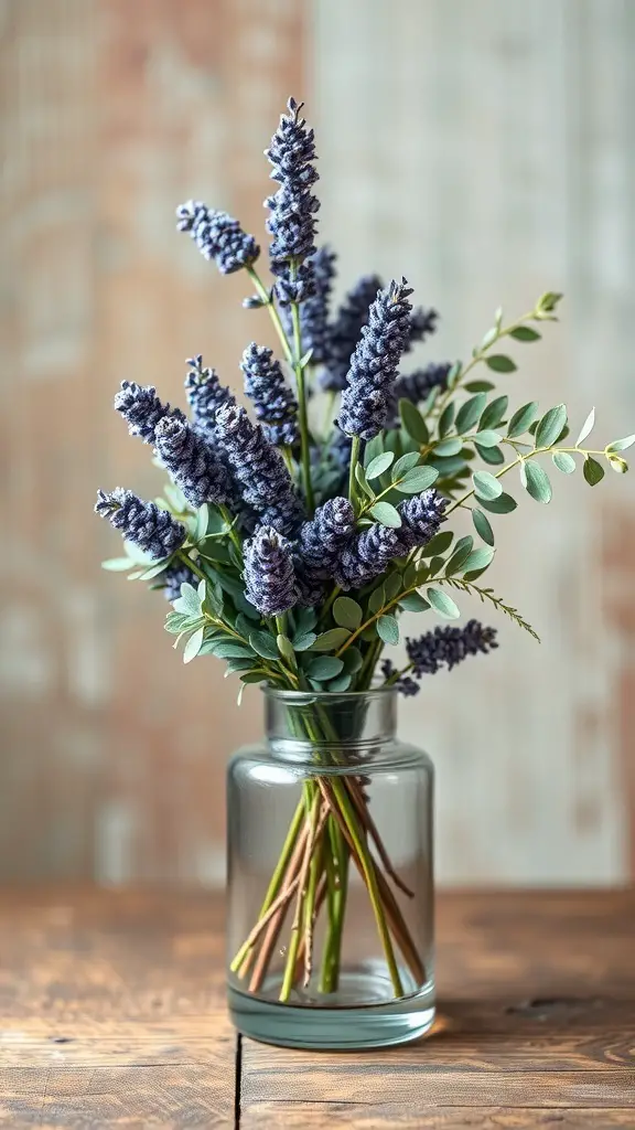A beautiful arrangement of lavender and eucalyptus in a glass vase on a wooden table.