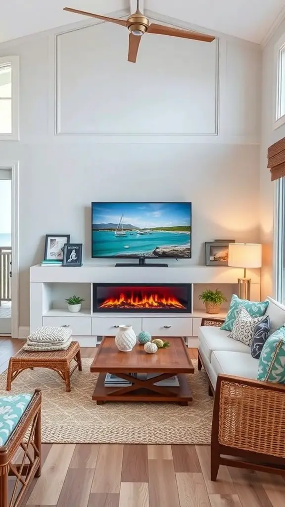 29+ Stunning Electric Fireplace Ideas to Complement Your TV 15 A cozy living room with an electric fireplace, TV, and beach decor, featuring light colors and coastal elements.