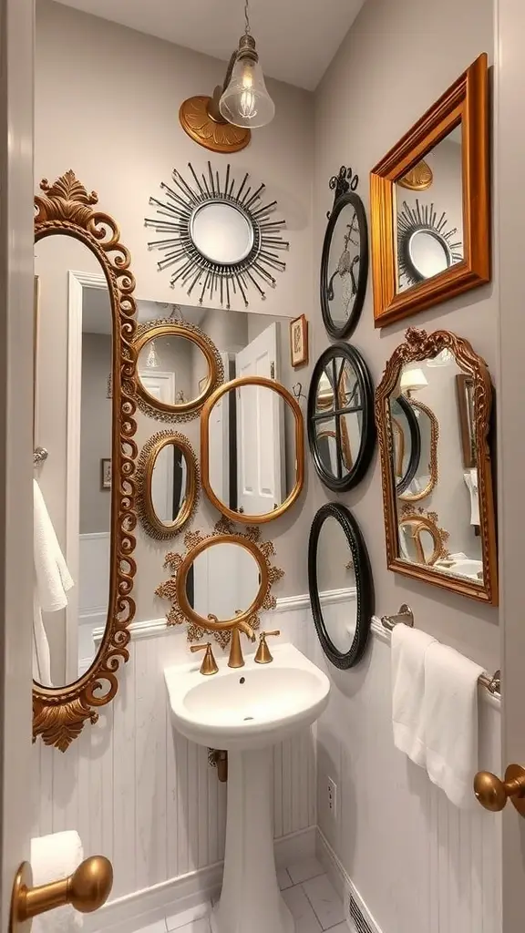 An eclectic arrangement of mirrors in a small bathroom, featuring various shapes and styles.