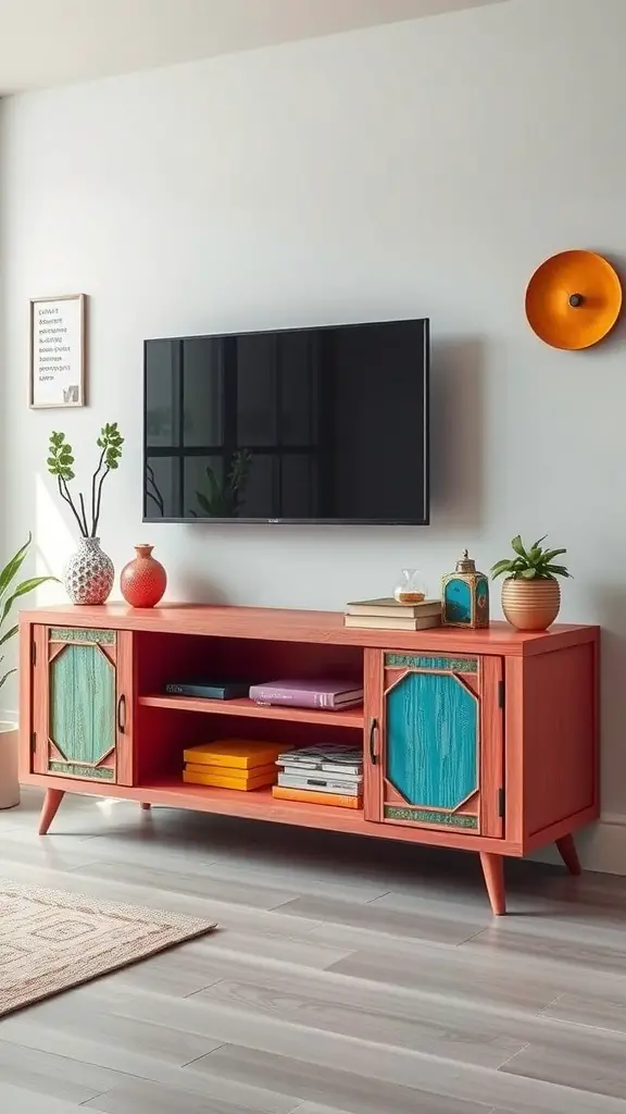 27+ Creative TV Stand Decor Ideas 15 A colorful TV stand with coral and turquoise accents, surrounded by plants and decorative items.