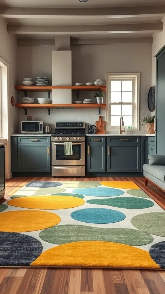 A colorful statement rug with circular patterns in a modern kitchen setting.