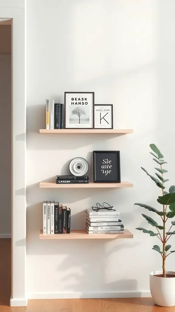 Floating corner bookshelves with books and decorative items