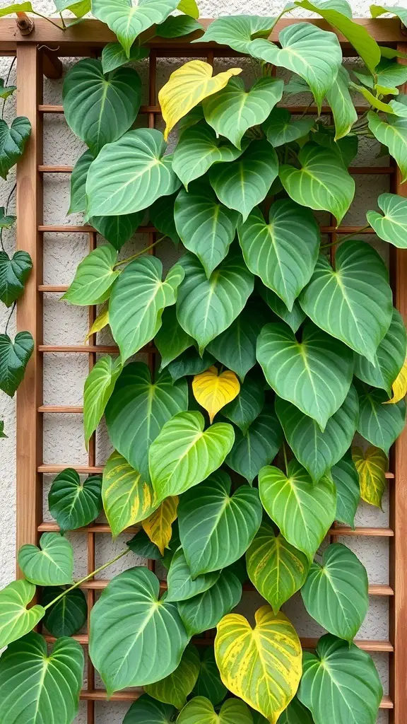 A trellis with lush green and yellow Monstera leaves