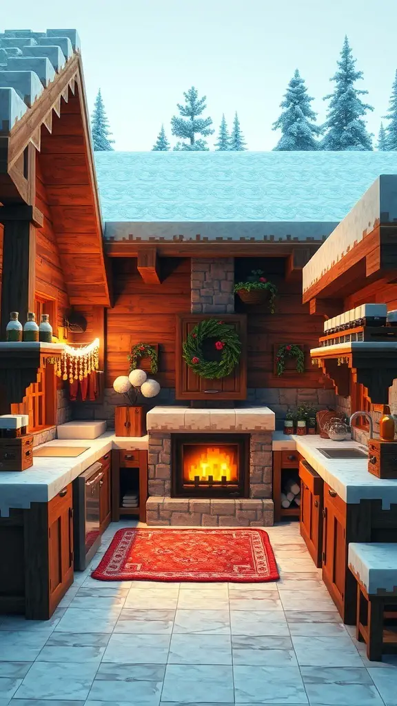 25+ Creative Minecraft Kitchen Designs You’ll Love 15 Cozy kitchen in a snowy mountain lodge with wooden cabinets, a stone fireplace, and festive decorations.