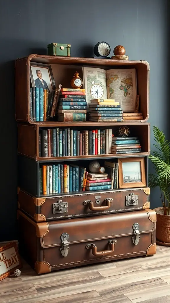 23+ Creative DIY Bookshelf Ideas 12 A vintage suitcase bookshelf made from stacked suitcases, filled with books and decorative items.