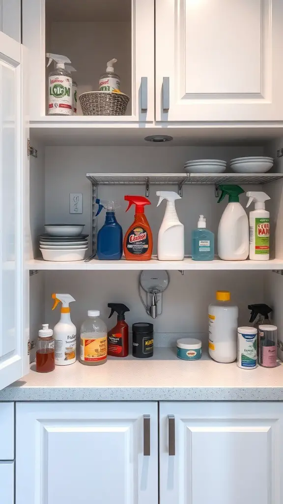 15 Must-Have Kitchen Gadgets for Ultimate Organization 9 Organized under-sink cabinet with cleaning supplies and plates neatly arranged.
