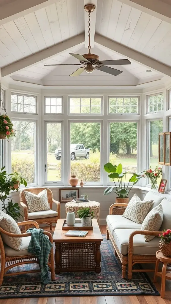 29+ Stunning Sunroom Addition Ideas Off Your Kitchen 13 Cozy sunroom with comfortable seating, plants, and a ceiling fan.
