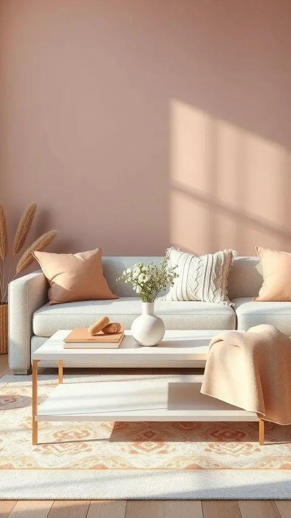 A cozy living room with a light gray sofa, pastel pillows, and a coffee table decorated with a vase of flowers.