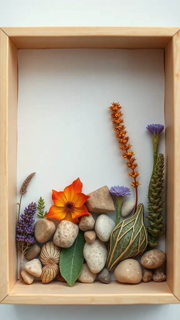 23+ Unique Memory Box Ideas s 3 A memory box filled with colorful flowers, leaves, and stones arranged beautifully.