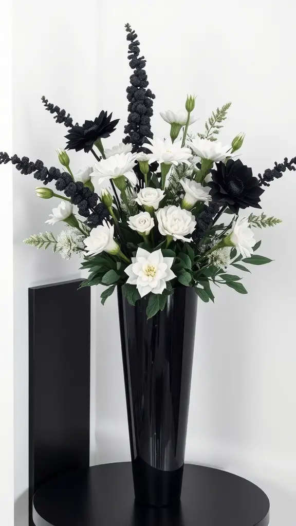 A dramatic black and white floral arrangement in a sleek black vase.