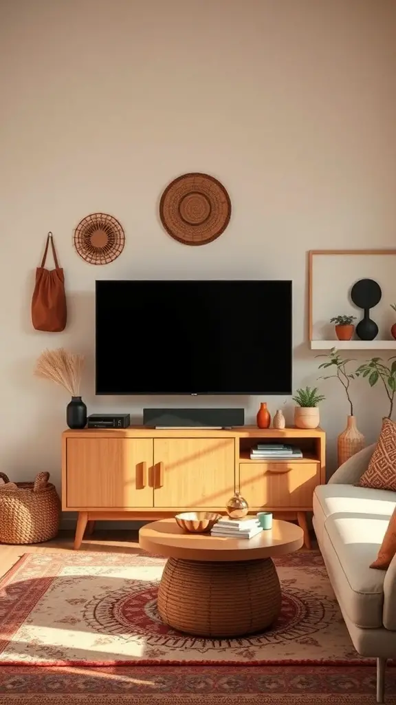 29+ Stunning Boho TV Stands for Your Living Room Makeover 12 A cozy boho living room featuring a wooden TV stand, round coffee table, and eclectic wall decor.