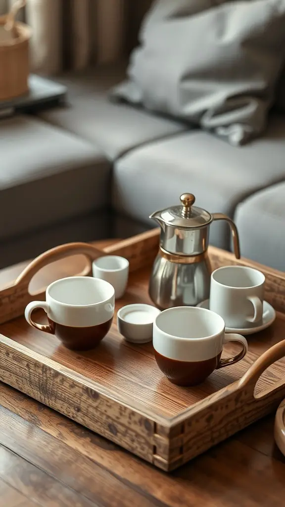 A wooden tray with coffee and tea cups, a coffee pot, and a small creamer, arranged on a table.