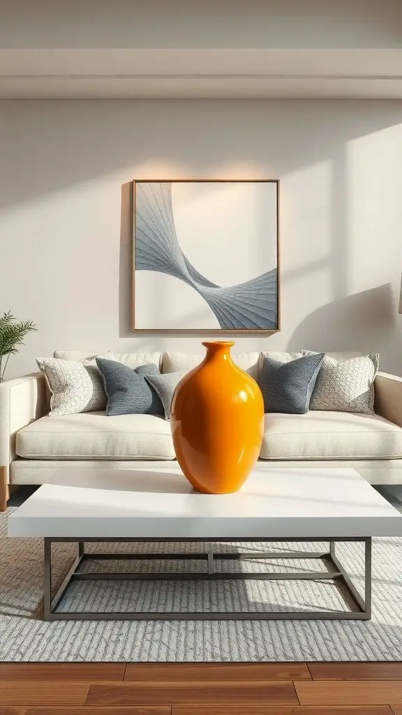 A bright orange vase on a white coffee table in a cozy living room setting.