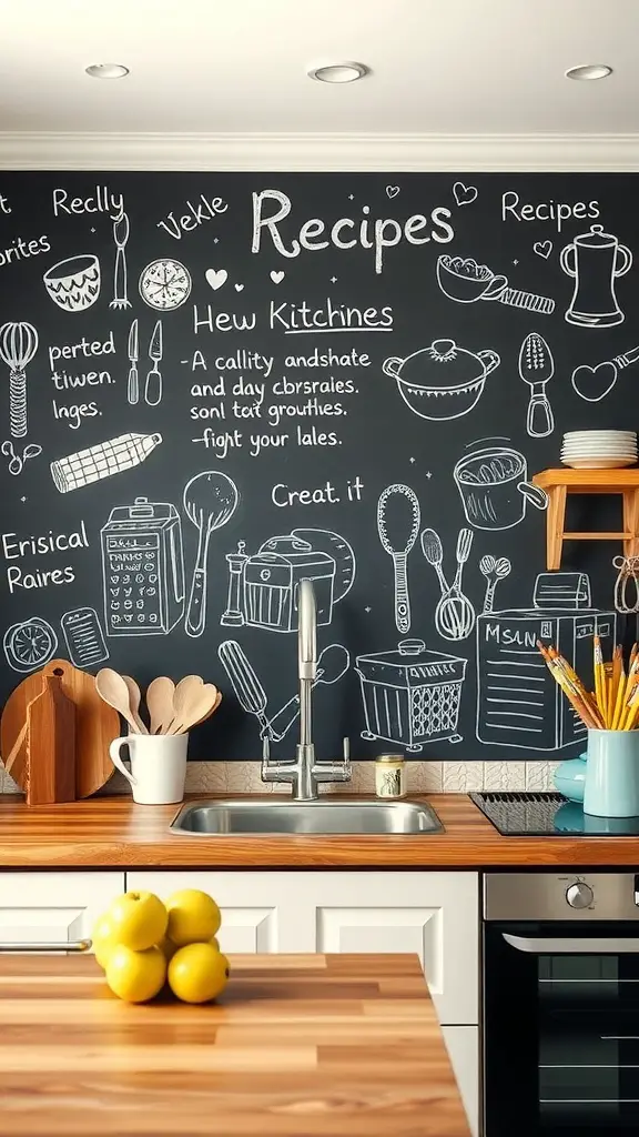 Chalkboard wall in a kitchen with illustrations and handwritten notes