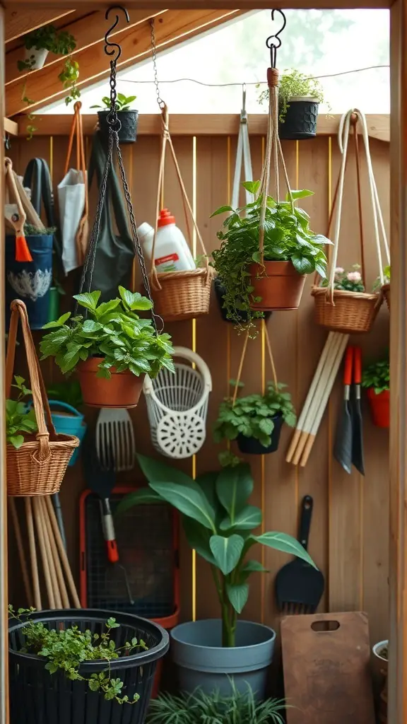 27+ Smart Small Shed Storage Ideas You Need to Try 11 A shed interior with hanging baskets containing plants and tools, showcasing organized storage solutions.