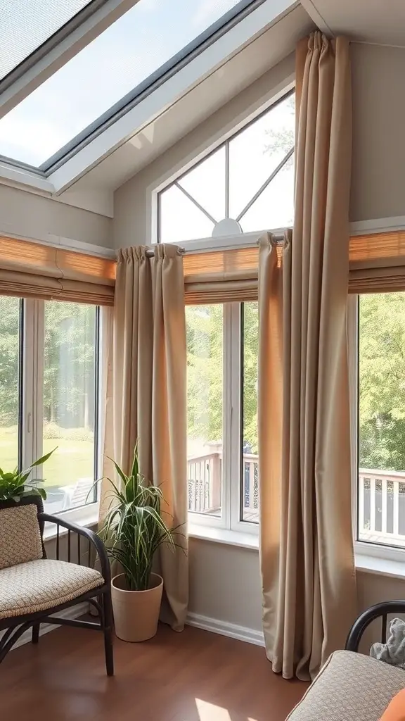 29+ Stunning Sunroom Curtain Ideas to Brighten Your Space 15 Sunroom with curtains that have built-in blinds, showcasing a cozy seating area and natural light.