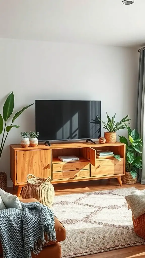 29+ Stunning Boho TV Stands for Your Living Room Makeover 2 A cozy living room featuring a natural wood TV stand with plants and a soft rug.