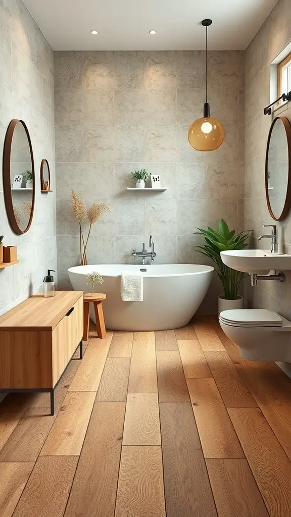 A modern bathroom featuring wooden flooring, a freestanding bathtub, and natural decor.