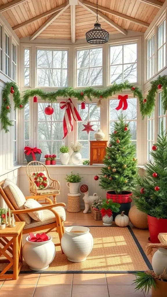 27+ Charming Small Sunroom Ideas to Brighten Your Home 13 A beautifully decorated sunroom for the holidays with Christmas trees, garlands, and festive ornaments.