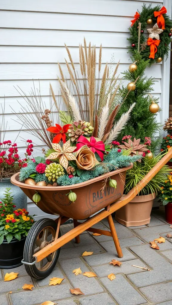 A decorative wheelbarrow filled with flowers and seasonal decorations, placed in a garden setting.