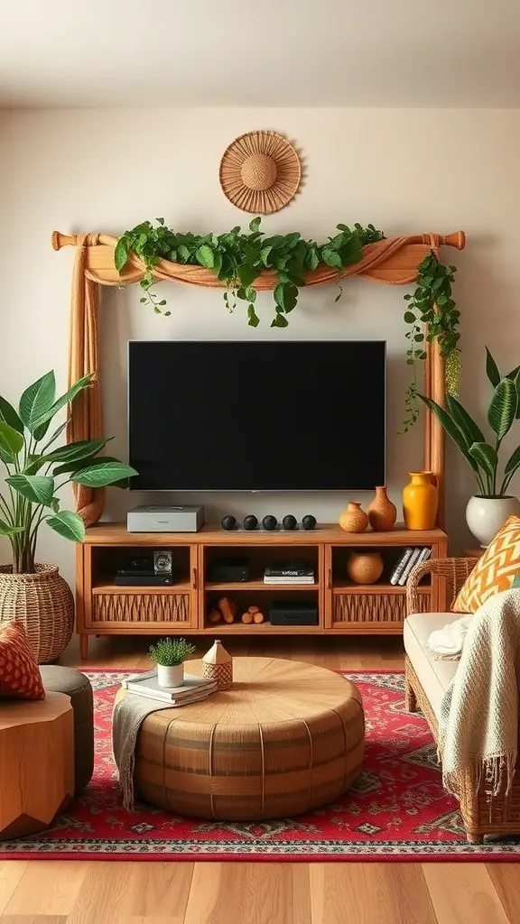 29+ Stunning Boho-Inspired Entertainment Centers to Transform Your Space 3 A cozy bohemian entertainment center with warm wood tones, vibrant red rug, and lush plants.