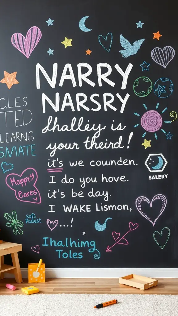 Colorful chalkboard wall in a nursery with doodles and playful phrases