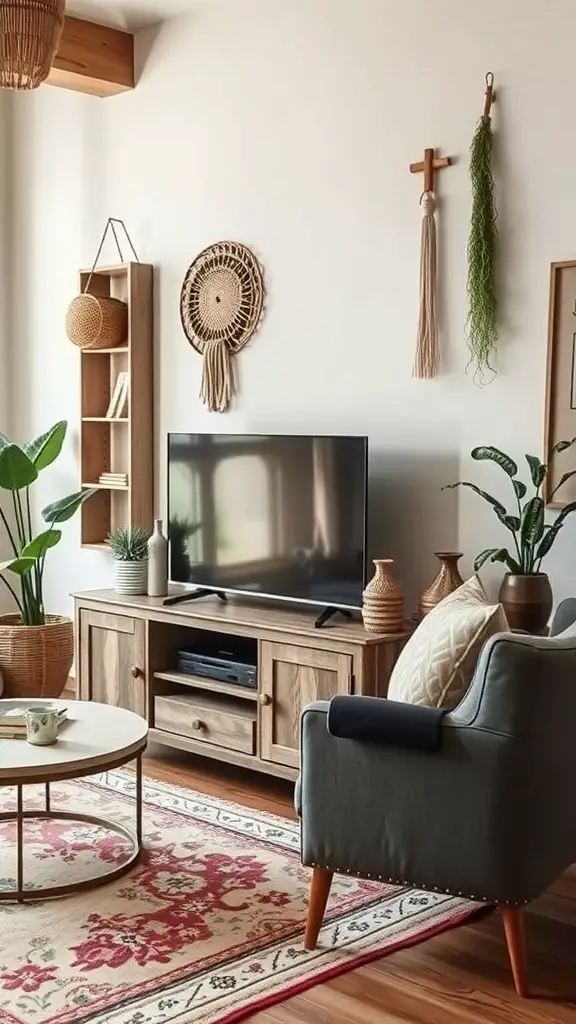 29+ Stunning Boho-Inspired Entertainment Centers to Transform Your Space 2 A cozy living room featuring a wooden entertainment center, modern coffee table, vintage rug, and decorative wall hangings.