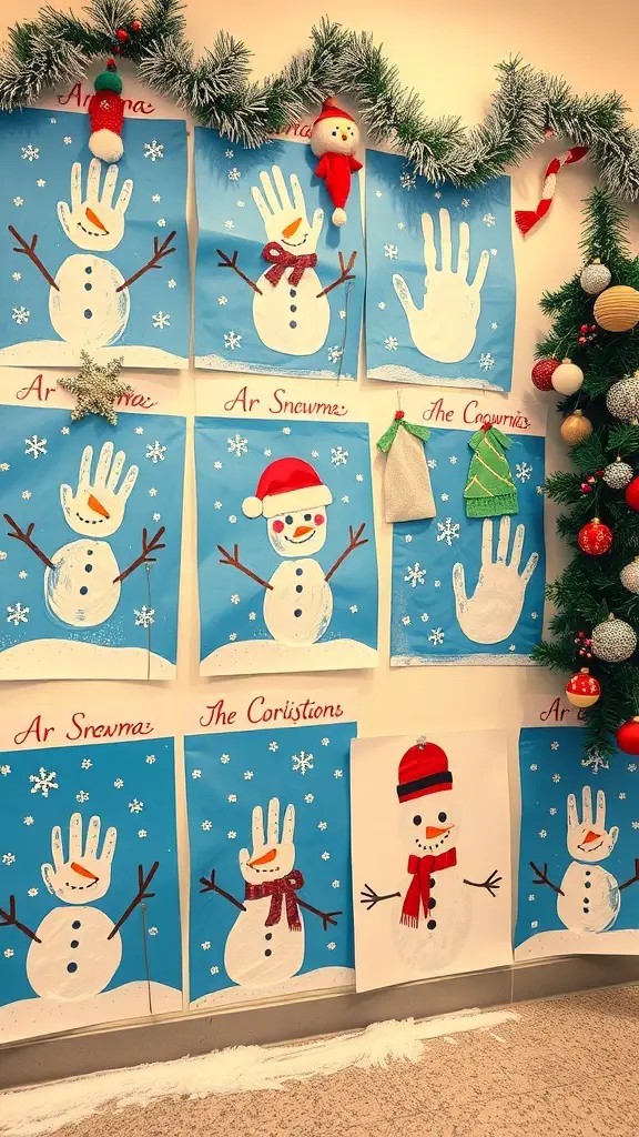27+ Creative Winter Crafts Preschoolers Ideas 4 Colorful handprint snowmen displayed on a wall, showcasing children's art.