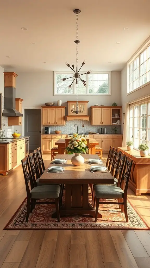 A cozy open kitchen with a large wooden dining table and warm lighting.
