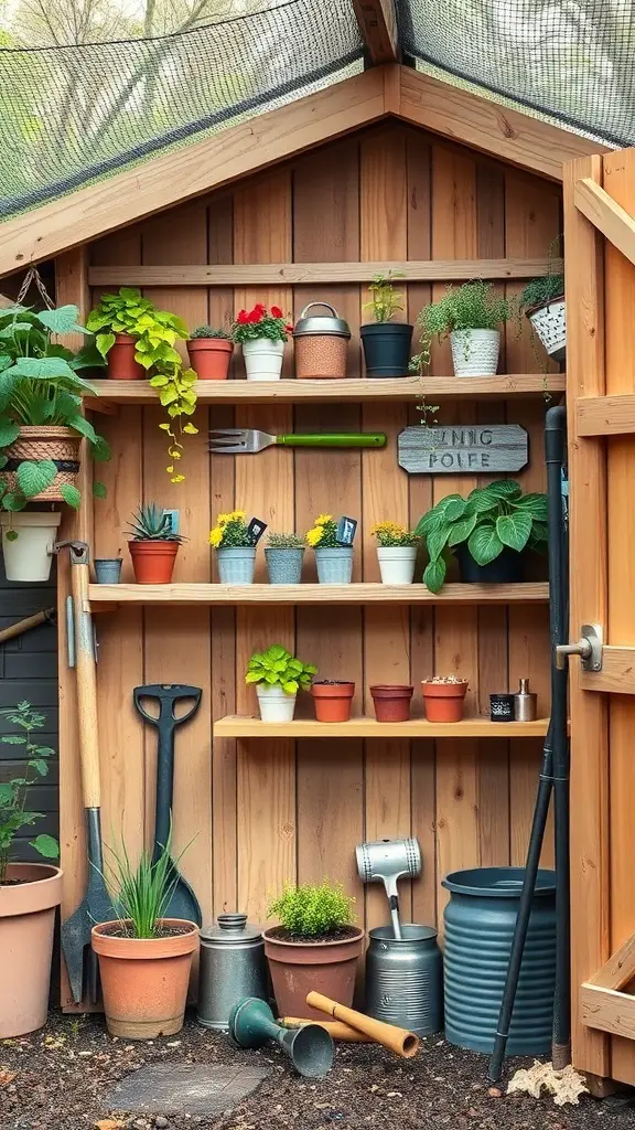 27+ Smart Small Shed Storage Ideas You Need to Try 6 A wooden shed interior with shelves filled with various potted plants and gardening tools.