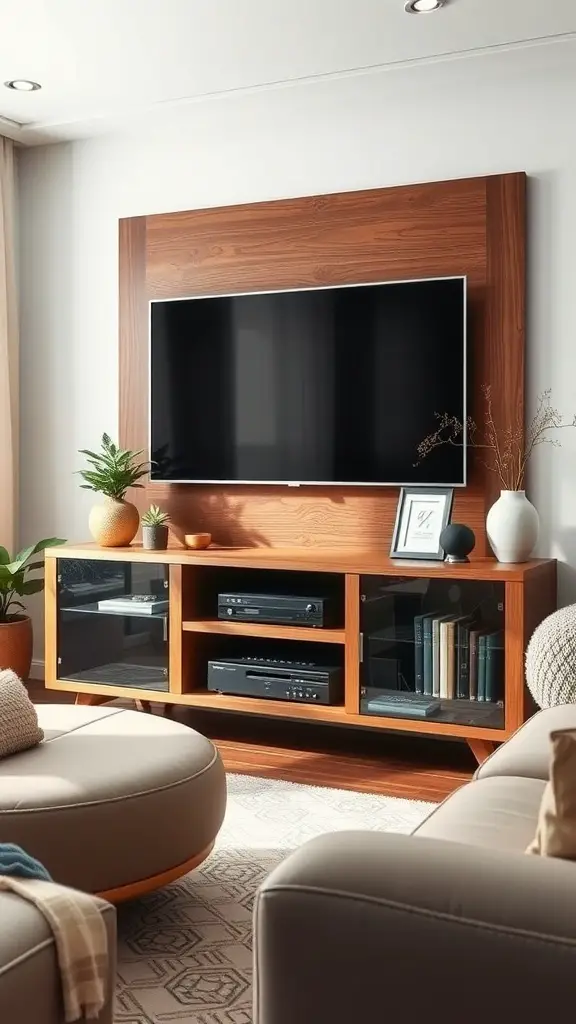 A modern wooden TV stand with a television mounted above it, featuring open shelves and decorative items.