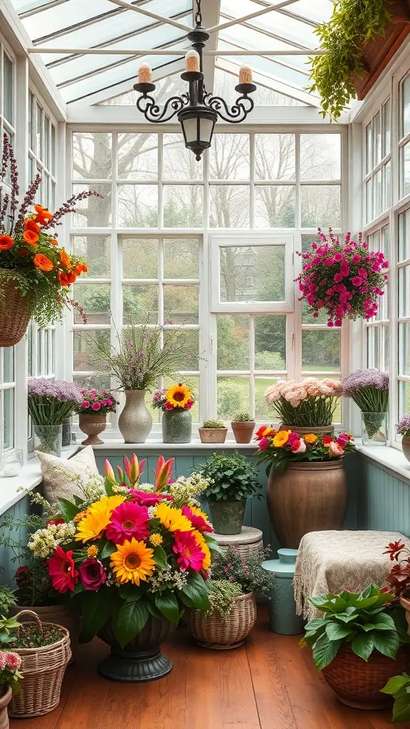 29+ Charming Vintage Sunroom Ideas for a Timeless Retreat 16 A bright sunroom filled with various seasonal flowers and plants, showcasing vibrant colors and natural light.