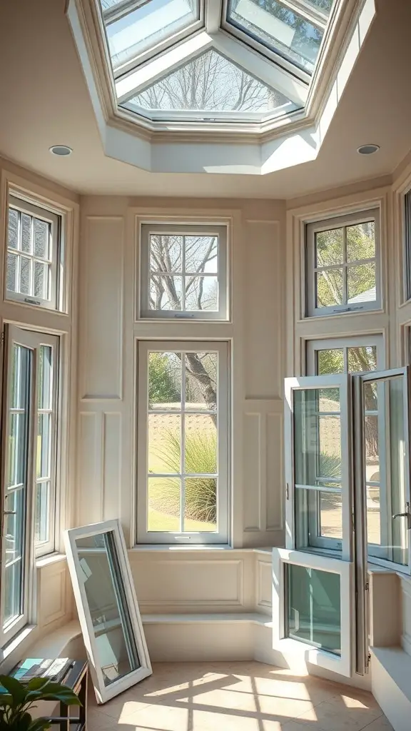 29+ Stunning Porch to Sunroom Conversion Ideas to Transform Your Home 6 Bright sunroom with large windows and a skylight, showcasing natural light and a cozy atmosphere.