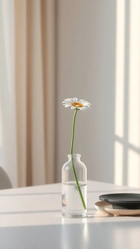 A minimalist floral arrangement featuring a single daisy in a clear glass bottle on a table.