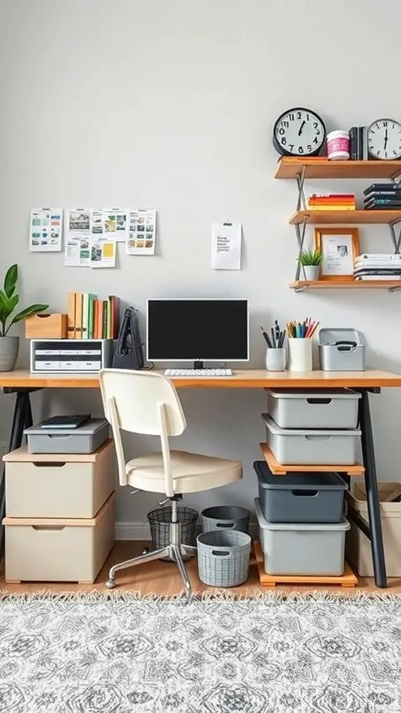 A well-organized office space featuring bins for supplies, a desk with a computer, and decorative elements.